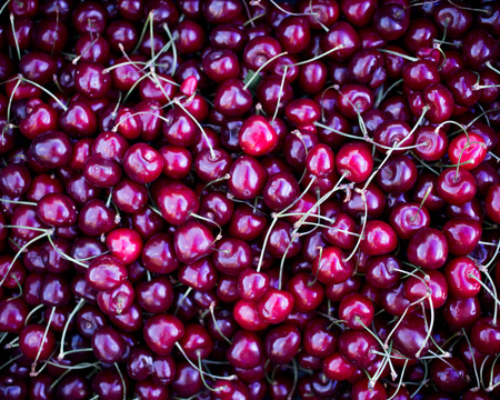 boxes with fresh red cherries, counter of the seller of fruit and vegetables, farmer's marketの写真素材
