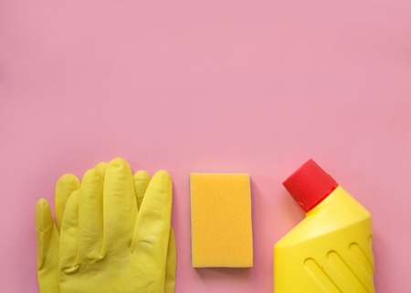 Cleaning tools. cleaning equipment in yellow and red colors.Top view.の写真素材