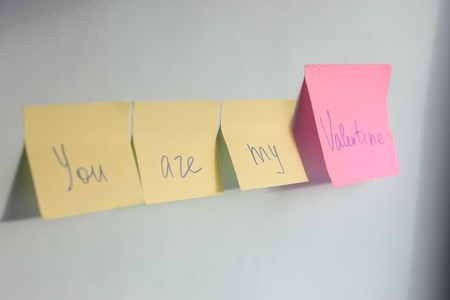 You are my valentine words on stickers on blue background, Valentines day greeting card with letteringの写真素材