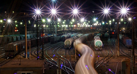 Commodities at night station. View from the bridge. Station Floodlightsの写真素材