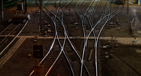 Commodities at night station. View from the bridge. Station Floodlightsの写真素材