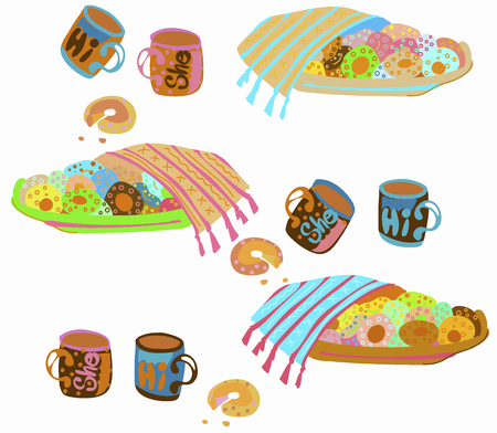 Vector image of a large plate of delicious donuts and a cup of coffee, a family breakfastのイラスト素材