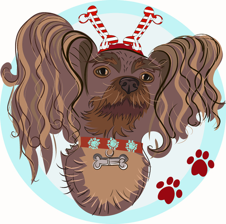Vector image "Dog with big ears and Christmas decoration on his head", for the design of cards, gifts, holidaysのイラスト素材
