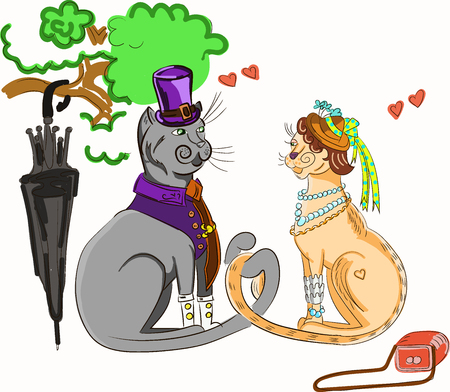 Two Lovers Cat in hats with flowers, retro design for Valentine's Dayのイラスト素材