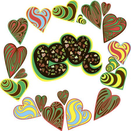 Vector image and seamless pattern for design 14 February, Multi-colored hearts with inscriptions for girl and guy.のイラスト素材