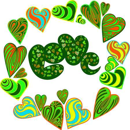 Design for February 14 vector image and seamless pattern, multi-colored hearts with inscriptions for girl and guy, on a transparent background.のイラスト素材