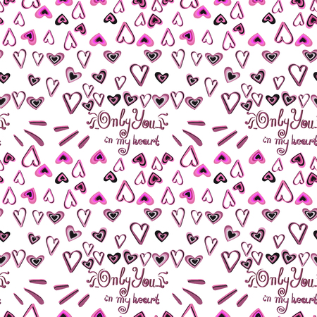 Vector image and seamless pattern for design 14 February, Multi-colored hearts with inscriptions for girl and guy, on a transparent backgroundのイラスト素材