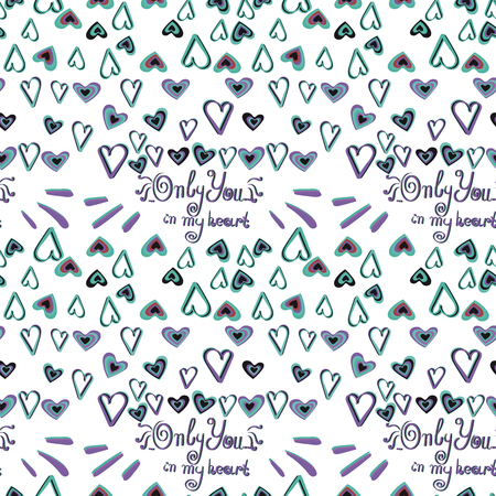 Vector image and seamless pattern for design 14 February, Multi-colored hearts with inscriptions for girl and guy, on a transparent backgroundのイラスト素材