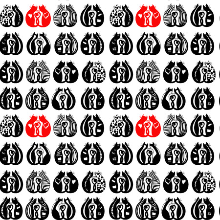 Vector image and seamless pattern "Loving cats of different color and monochrome", patterns on a transparent backgroundのイラスト素材
