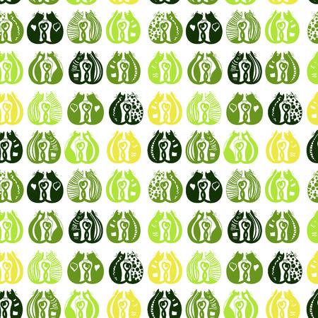 Vector image and seamless pattern "Loving cats of different color and monochrome", patterns on a transparent backgroundのイラスト素材