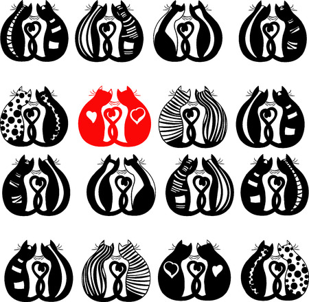 Vector image and seamless pattern "Loving cats of different color and monochrome", patterns on a transparent backgroundのイラスト素材