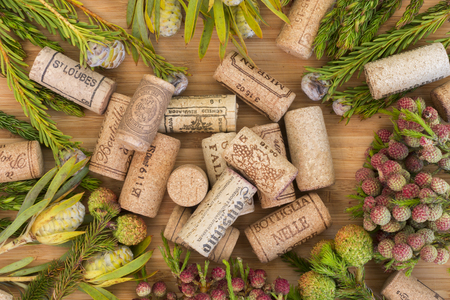 Assorted wine corks among forest flowers on a bamboo boardの写真素材