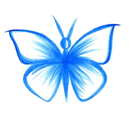 Beautiful blue butterfly, stylish minimalism, color, lines and shape. Use for packaging design, logo design,or as a print of fabric. Isolated on a white background.の写真素材