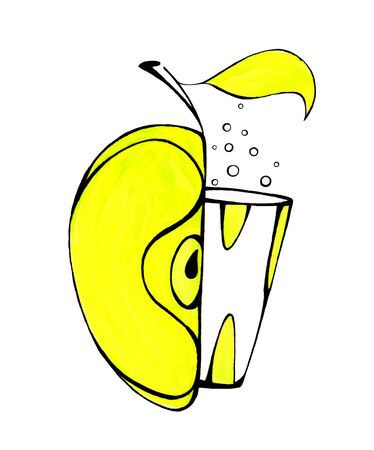 Bright, juicy apple and stylish glass. Grape soda, drawn with a marker. Isolated on white background. Minimalism concept. Print on clothes. Sticker.Menu for the cafe.の写真素材