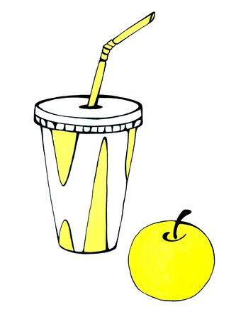Bright Cup and apple. Isolated on white background. Drawn with a marker. Illustration, graphic.Print, sticker.Menu for the cafe.の写真素材