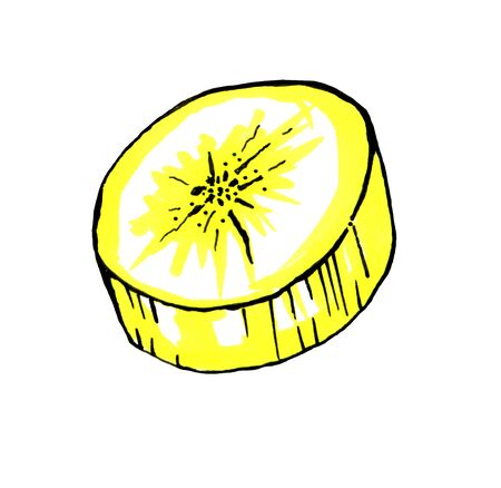 Bright illustration of a banana slice , drawn with markers and liner, isolated on a white background. Print, sticker. Menu for the cafe.の写真素材