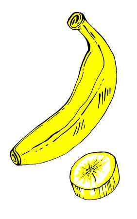 Illustration of a whole banana and slices, drawn with markers and liner, isolated on a white background. Print, sticker. Menu for the cafe.の写真素材