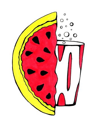 A juicy slice watermelon and a stylish glass. Drawn with a marker. Isolated on white background. Print on clothes. Sticker.Menu for the cafe.の写真素材
