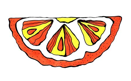 Bright, juicy orange slice. Drawn with a marker,Isolated on white background. Minimalism concept. Print on clothes. Sticker. Menu for the cafe.の写真素材