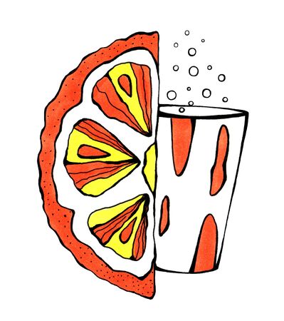 Juicy, bright slice of orange and a stylish Cup with soda . Drawn with a marker,Isolated on white background. Minimalism concept. Print on clothes. Sticker. Menu for the cafe.の写真素材