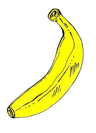 Bright illustration of a banana, drawn with markers and liner, isolated on a white background. Print, sticker. Menu for the cafe.の写真素材