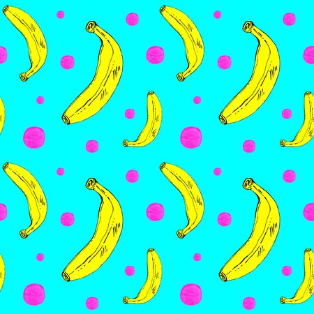 Banana multicolored seamless pattern. Bright, contrasting combinations of pink,yellow and turquoise. For packaging or labels of products, prints on fabric, tableware, printing.の写真素材