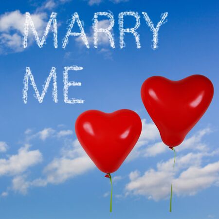 Two red heart shaped balloons with clouds effect words Marry meの写真素材