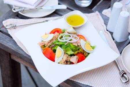 Nicoise Salad with canned tuna, anchovies, hard boiled eggs, tomatoes, olives, onions, lettuce, and green beans. French cuisineの写真素材