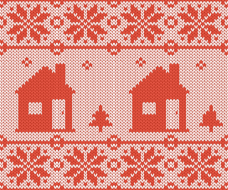 Nordic style and inspired by Scandinavian cross stitch craft Christmas pattern in red and white including winter wonderland village, church, Christmas tree and more.のイラスト素材