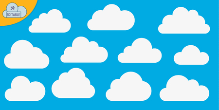 Abstract white editable cloudy set isolated on blue background. Cloud Vector illustrationのイラスト素材