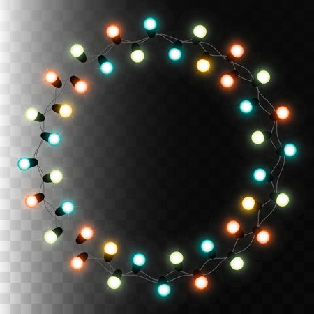 Christmas tree string garland in circle shape and text space isolated on background. Realistic Christmas, New Year party decorations with transparency. Light bulb decor.のイラスト素材