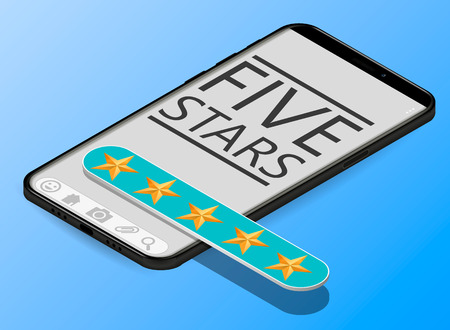 Review ,feedback, rating bubble speech on smartphone display vector isometric illustration.のイラスト素材