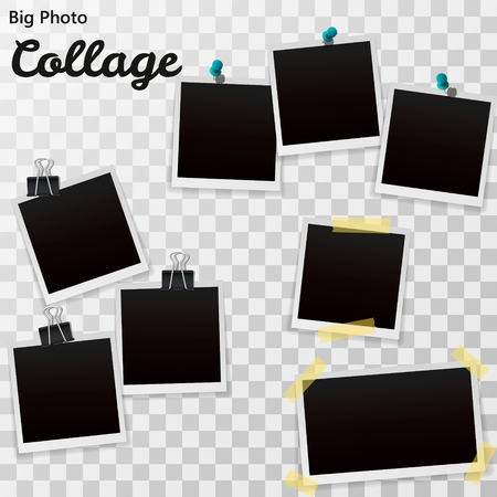 Set of blank retro photographs with shadow isolated on a transparent background. Realistic empty photo frames, mockup template. Vector illustration EPS10.のイラスト素材