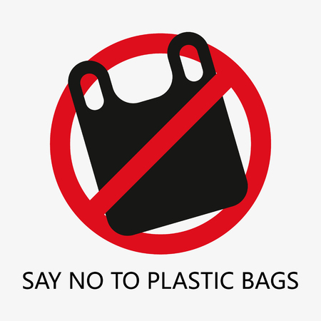 Pollution problem concept. Say no to plastic bags. Cartoon styled images with signage calling for stop using disposable polythene package. Vector illustrationのイラスト素材