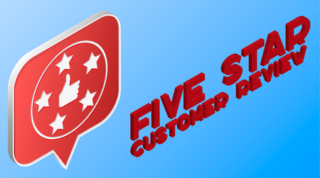 Customer review concept. Feedback, reputation and quality concept. Hand pointing, finger pointing to five star rating. Customer review, Usability Evaluation, Feedback, Rating system isometric concept.のイラスト素材