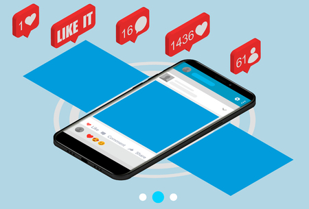 isometric web page with interface carousel post on social network. Vector illustration.のイラスト素材