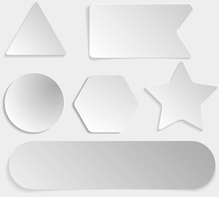 Set of white paper stickers of different shapes on gray gradient background. Round, square, hexagonal, star, triangularのイラスト素材