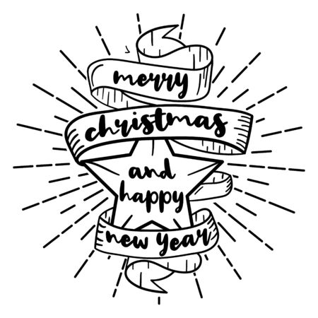 vector Christmas decorations. Hand drawing Christmas socks, present box, snowman,bell,stars and leaves, candy cane and Christmas garland,wood horse, balls,fox, teddy bear, mouse, skates, pipe. Lettering Composition And Light Sunburst Raysのイラスト素材