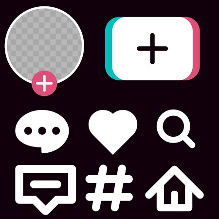 Social media templates modern design buttons web application. Set icons: search, story, like, share, hashtag, user, comment, note, home, plus. Mockup web symbols, app, ui. Vector illustration. EPS 10のイラスト素材