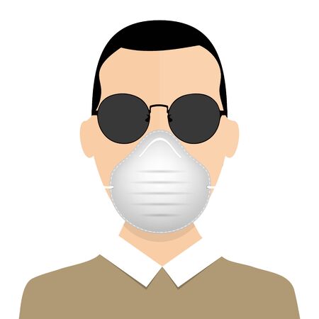Medical mask. Healthy man in medical protection mask. Caring for health at flu epidemic time. Vector illustration, flat design, cartoon style. Isolated background.のイラスト素材