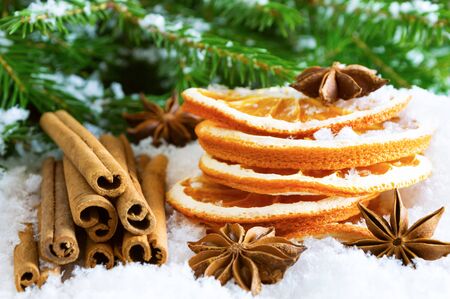 Christmas spices - cinnamon sticks, star anise and dried oranges on the snow under Christmas tree.の写真素材