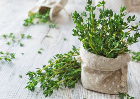 Fresh green thyme in decorative linen bag on an old wooden table.の写真素材