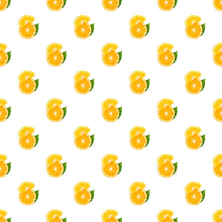 Fresh orange fruit slices with green leaf on white background. Seamless pattern with orange, top...