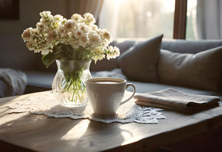 A cup of coffee and a vase of flowers on the table next to a couch in the living room.の素材