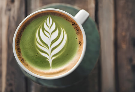 Matcha latte with beautiful latte art on an old wooden table, top view.の素材