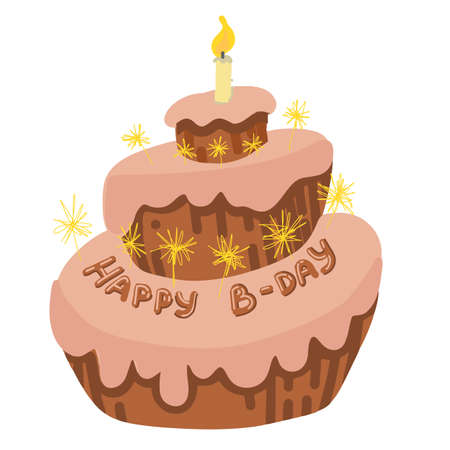 Vector hocolate cake with a candle and sparklers, happy birthday
