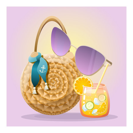 Colorful summer vibes beach bag, lemonade, glasses in trendy style on colorful background. travel concept. Relax paradise. modern design. trendy vector style.のイラスト素材