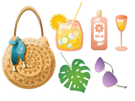 Colorful summer vibes beach bag, monstera, lemonade, glasses in trendy style on white background. travel concept. art collection. Relax paradise. modern design. trendy vector style. vectorset.のイラスト素材