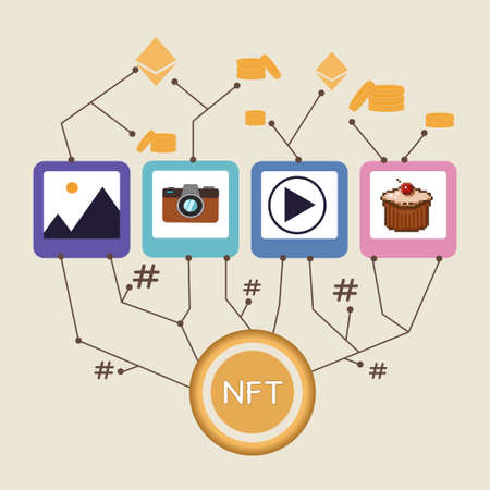 Online nft collectibles market. Bitcoin currency. Creative concepのイラスト素材