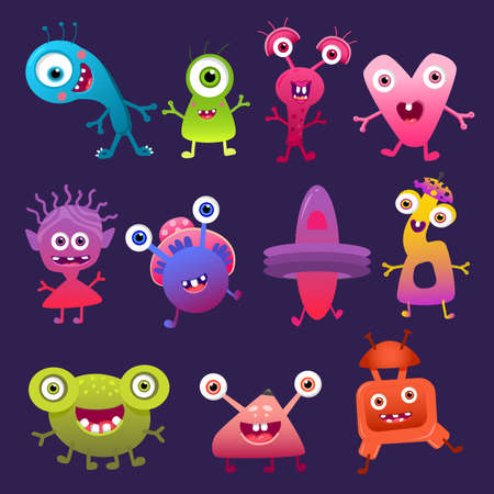 Cute cartoon Monster colorful vector set Eyes tongue tooth fang hands upのイラスト素材